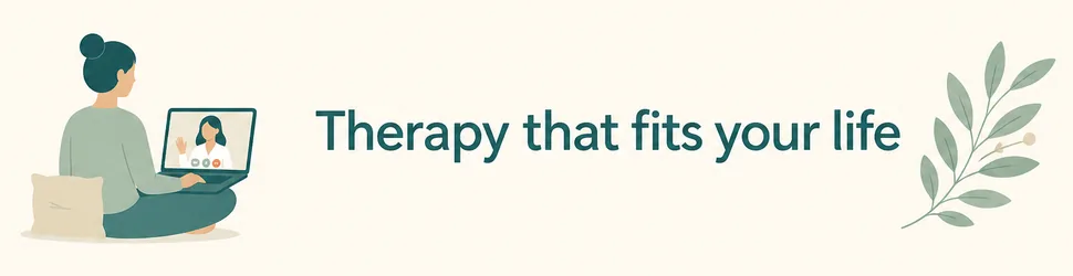 figure cross-legged on laptop video call, 'Therapy that fits your life', leaf motif