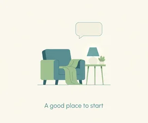 armchair with blanket, lamp, plant, speech bubble, 'A good place to start'